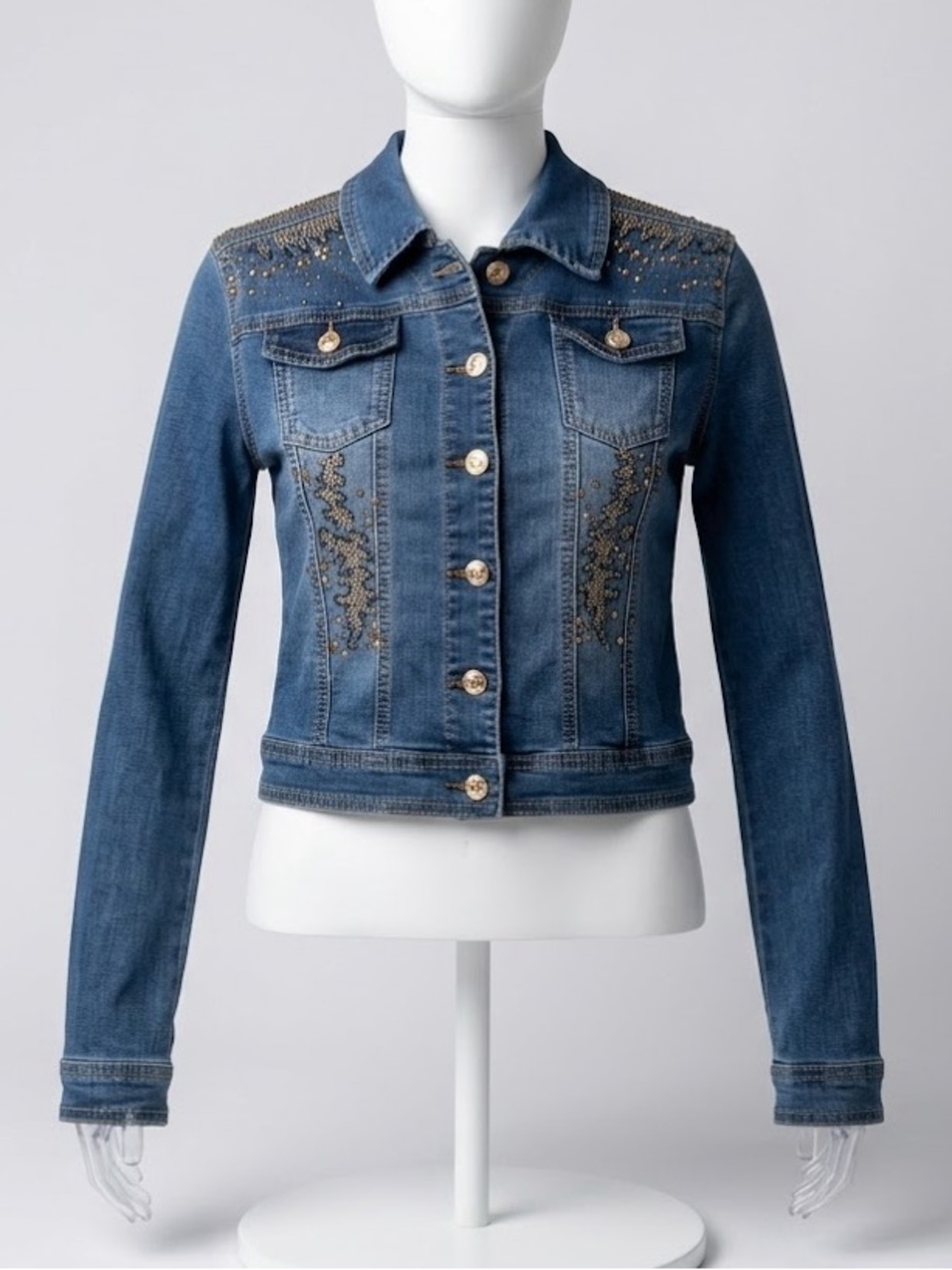 Vintage gold button embellished crop denim jean jacket